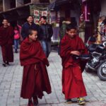 A breathtaking view of Mcleodganj and Dharamshala nestled in the Dhauladhar mountains, featuring lush green hills, colorful Tibetan prayer flags, monasteries, and scenic landscapes.