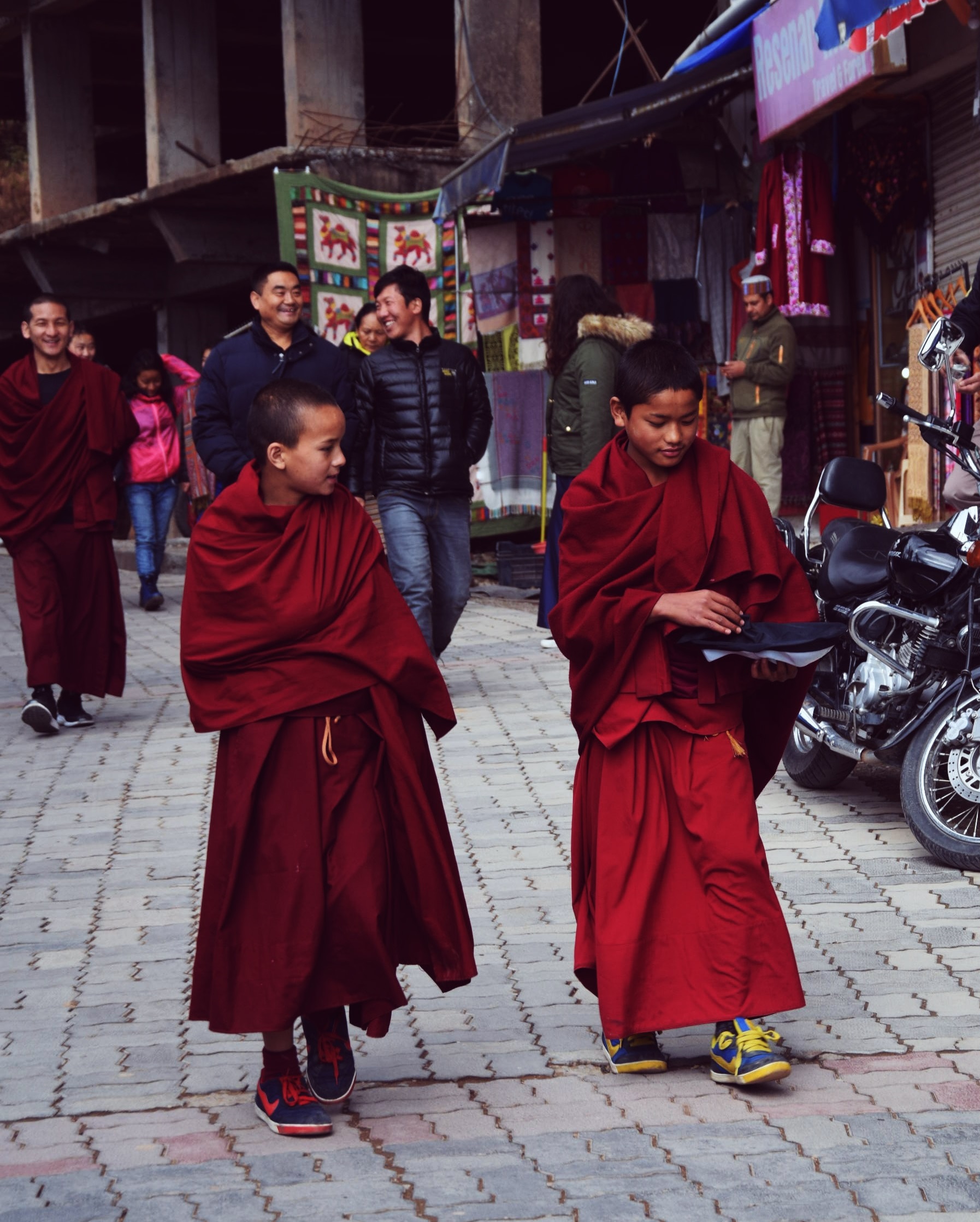 A breathtaking view of Mcleodganj and Dharamshala nestled in the Dhauladhar mountains, featuring lush green hills, colorful Tibetan prayer flags, monasteries, and scenic landscapes.