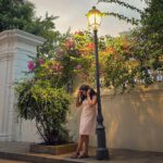 A street in the French Quarter of Pondicherry with a brightly colored building and a bougainvillea tree.