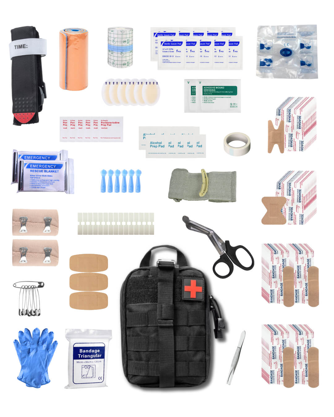 A red portable first aid kit box, clearly labeled with a white cross, sitting on a clean,