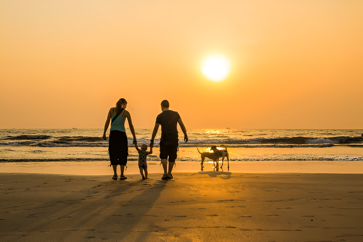 A scenic view of a Goa beach with golden sand, palm trees, and the Arabian Sea in the background.