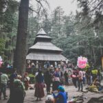 An exterior shot of the Hadimba Devi Temple in Manali, a unique pagoda-style temple with a tiered wooden roof, surrounded by tall deodar trees.