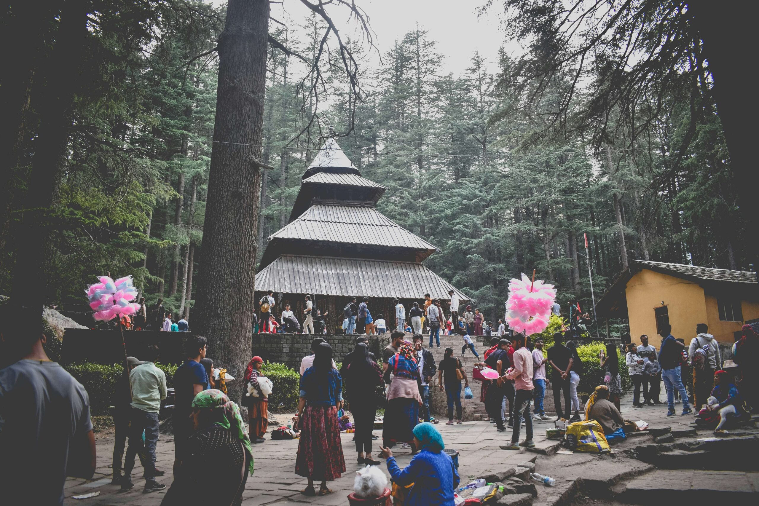 An exterior shot of the Hadimba Devi Temple in Manali, a unique pagoda-style temple with a tiered wooden roof, surrounded by tall deodar trees.