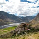 A panoramic view of the vast, rugged landscape of Spiti Valley, showing barren, brown mountains with a winding road, and a river flowing through the valley under a clear blue sky.