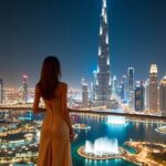 A panoramic view of the Dubai Fountain show at night, with colorful water jets dancing to music, and the illuminated Burj Khalifa and surrounding buildings in the background.