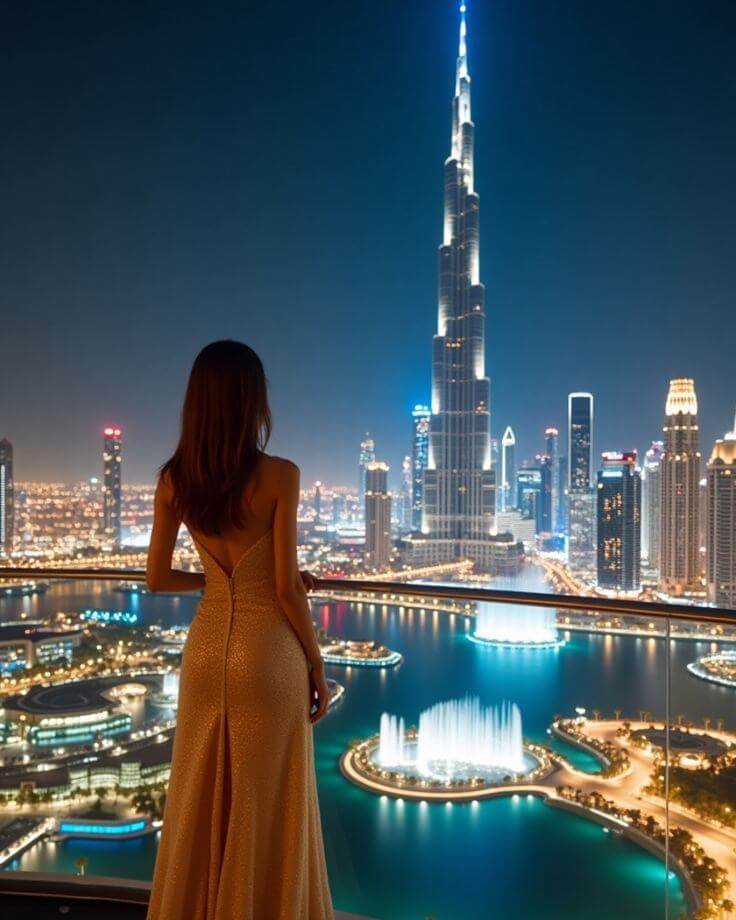A panoramic view of the Dubai Fountain show at night, with colorful water jets dancing to music, and the illuminated Burj Khalifa and surrounding buildings in the background.