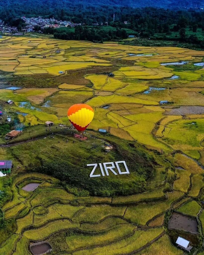 An aerial view of the Ziro Valley in Arunachal Pradesh, India, showing lush green terraced rice fields surrounded by a dense forest and hills.