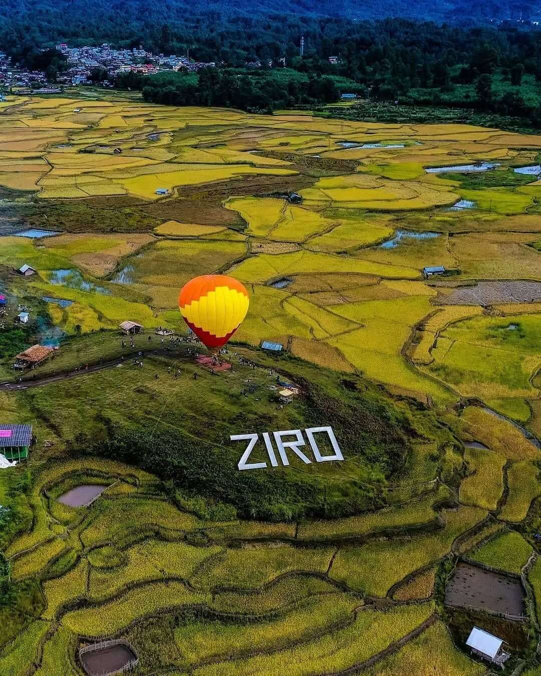 A panoramic view of the Ziro Valley in Arunachal Pradesh, showcasing its terraced paddy fields and a small village surrounded by lush green hills.
