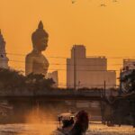 A vibrant collage or composite image showcasing diverse attractions in Thailand, including a bustling city scene, serene beaches with longtail boats, and ornate temple architecture.
