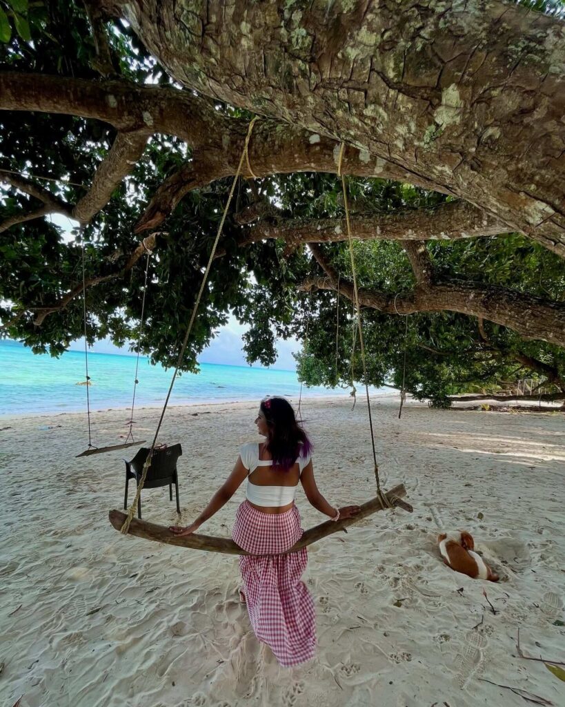 A tropical beach scene in the Andaman Islands, with white sand, a turquoise sea, and lush green trees along the shore. A small boat is visible in the distance.