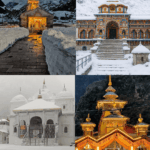 A collage of the four sacred shrines in Uttarakhand—Kedarnath, Badrinath, Gangotri, and Yamunotri—showing pilgrims and snow-covered temples to answer how can we plan Chardham Yatra for the 2026 season.