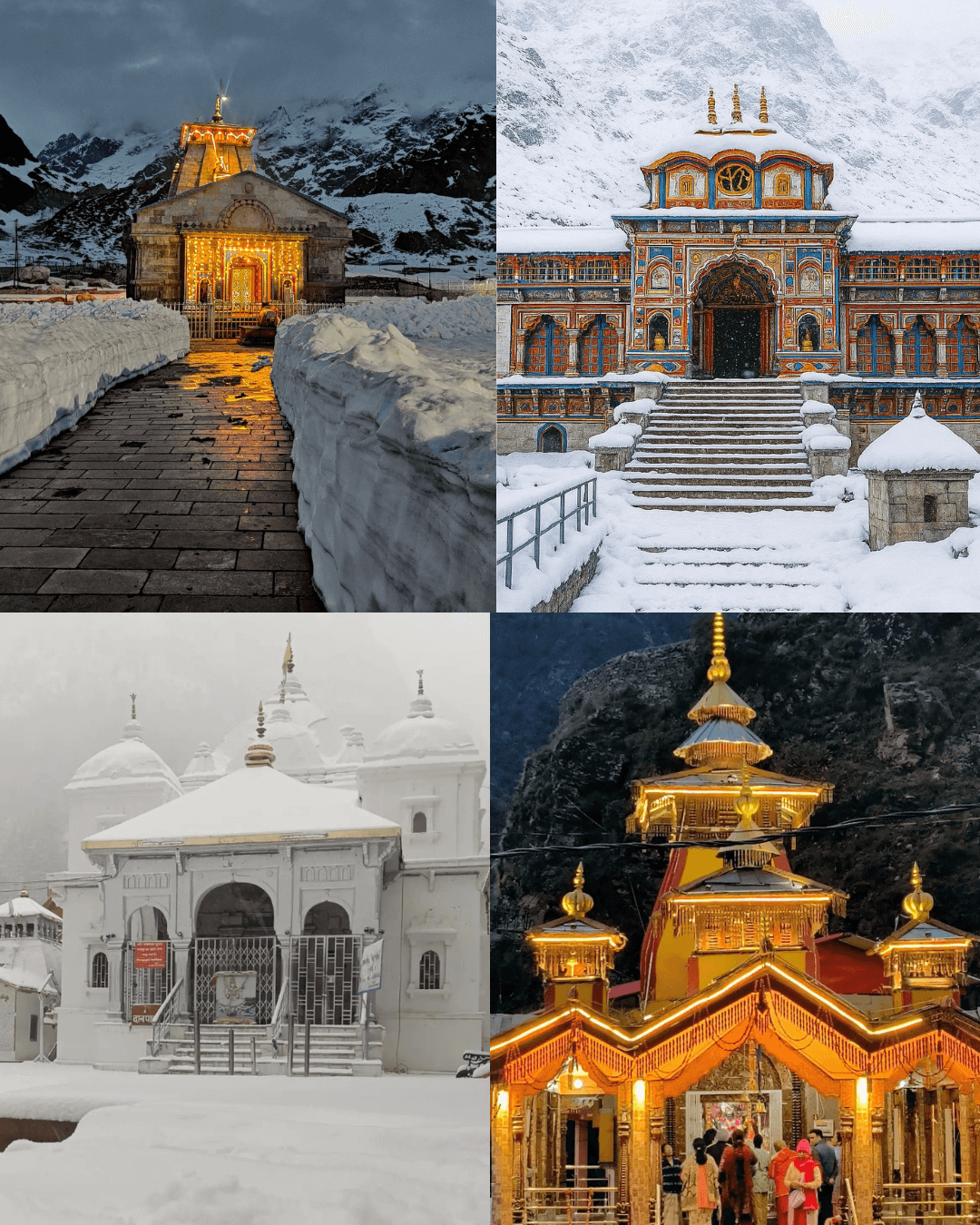 A collage of the four sacred shrines in Uttarakhand—Kedarnath, Badrinath, Gangotri, and Yamunotri—showing pilgrims and snow-covered temples to answer how can we plan Chardham Yatra for the 2026 season.