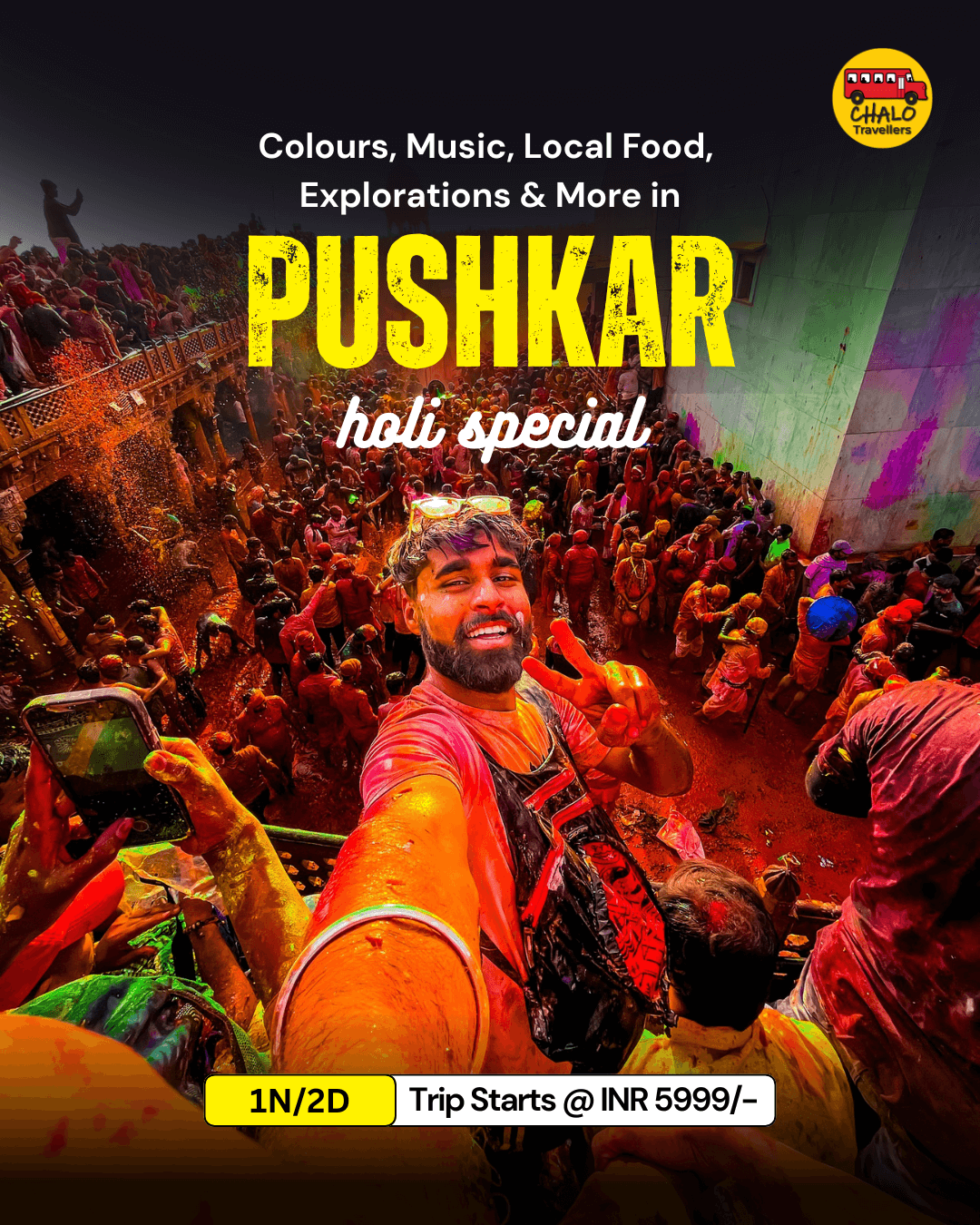 Holi group trips and best Holi destination in India with travelers celebrating colors in Mathura and Pushkar