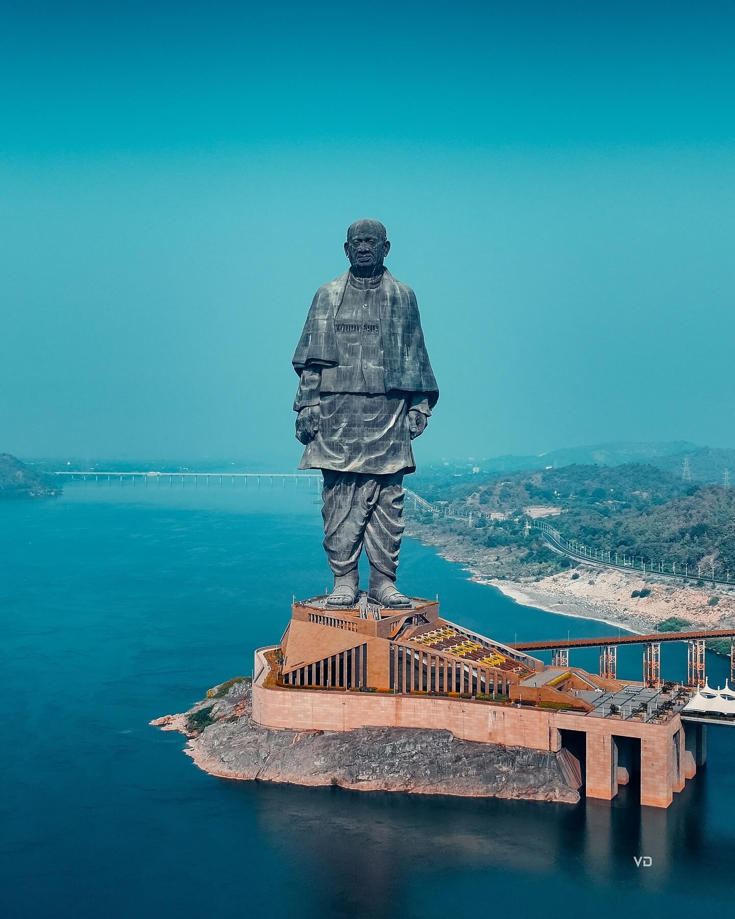 Statue of Unity in Gujarat standing beside the Narmada River with scenic landscape view